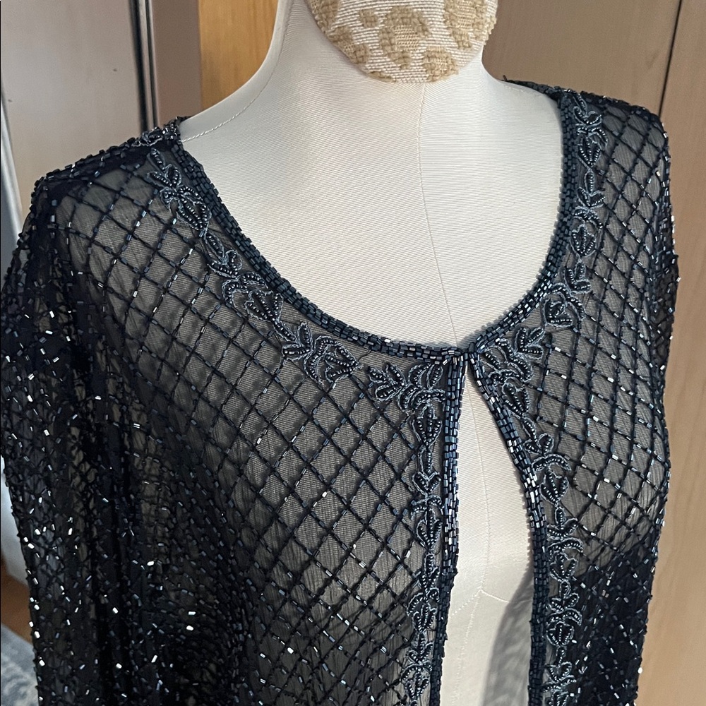 Navy Beaded Open-Front sheer silk evening jacket size 14